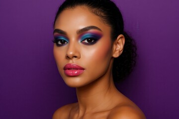 Contemporary beauty portrait of confident biracial woman with professional makeup artistry and vibrant color palette styling