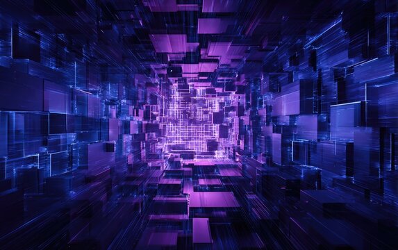 Abstract digital tunnel. Perspective of purple-toned blocks