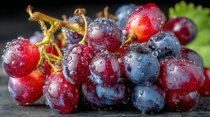 Vibrant Red and Blue Grapes Glistening with Dewdrops, a Lush Macro Still Life on a Dark Surface.