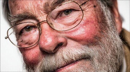 Elderly man's portrait with glasses, beard, and red cheeks, close-up