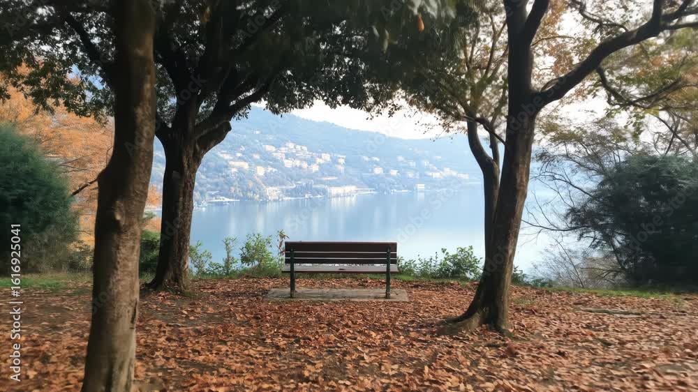 Poster scenic autumn view with bench overlooking calm lake surrounded by trees and colorful foliage