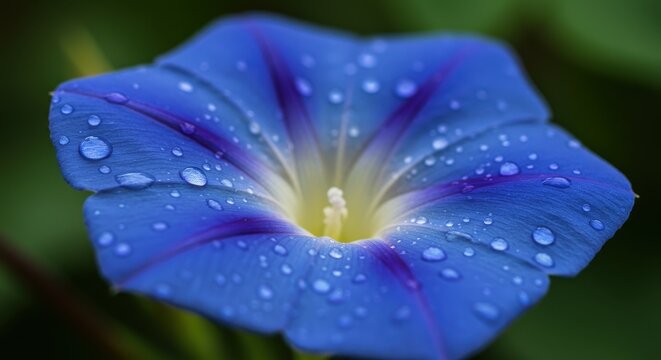 Closeup image of a blue flower with water drops