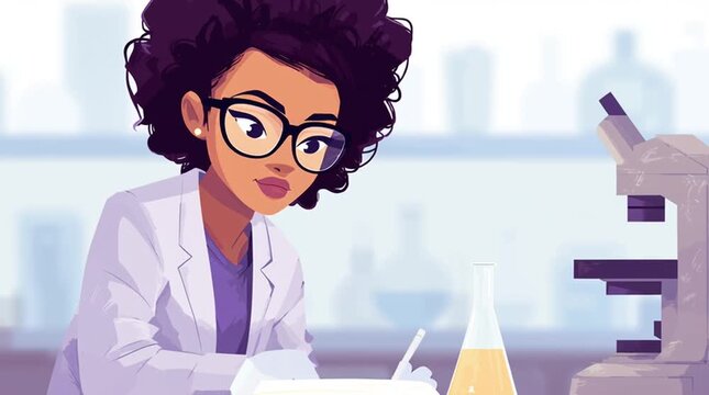 Animation of black female scientist working in chemistry lab with technology equipment