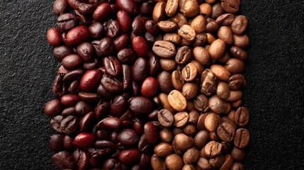 Fototapeta premium Roasted coffee beans arranged on a dark surface.