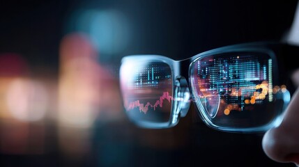 Augmented Vision: Capturing a futuristic glimpse into the world through the lens of innovative eyewear. A mesmerizing bokeh backdrop enhances the reflections of data and analytics. 