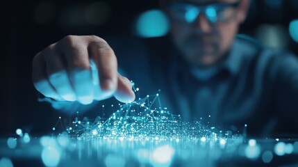 Digital Architect: A futuristic scene of a focused professional hand interacting with a glowing digital network, embodying innovation and technological advancement. 