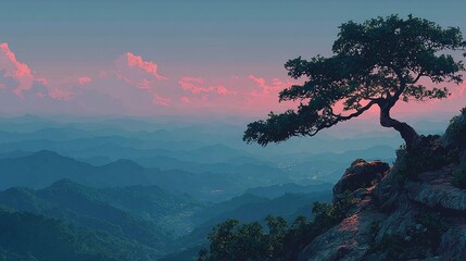 A Solitary Gnarled Tree on a Cliff Overlooking a Serene, Hazy Mountain Vista at Dusk
