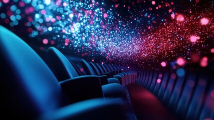 Cinema Dreamscape: An immersive and surreal view of an empty cinema, seat rows with blue color, with a dynamic bokeh of blue and red.