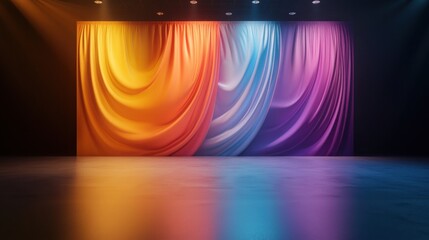 Color Swirl Curtain: A vibrant curtain of color swirls, a symphony of orange, blue, and purple hues. Soft lighting illuminates the scene, enhancing the smooth textures and highlighting the details