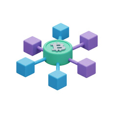 Obraz premium A rendering of a decentralized digital currency network with a central coin connected to colorful blocks.