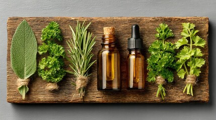 Artisanal Herbal Collection with Essential Oils on a Rustic Wood Plank
