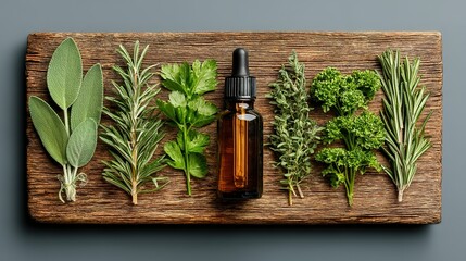 Symmetrical Flat Lay of Aromatic Herbs and Essential Oil on a Rustic Wood Board