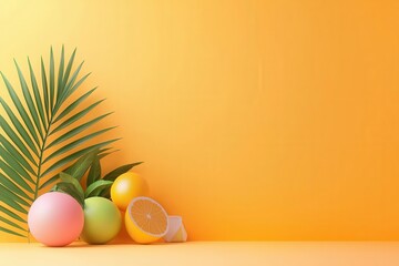 Summer Delight: Vibrant display of fresh lemons and tropical leaves, evoking the freshness of summer, arranged against a sunshine-yellow backdrop.