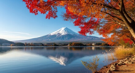 Stunning Mount Fuji Reflected in Calm Lake Surrounded by Vibrant Autumn Foliage