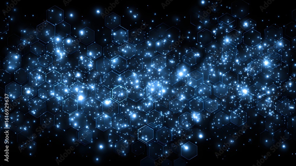 Poster abstract digital hexagons with glowing particles.