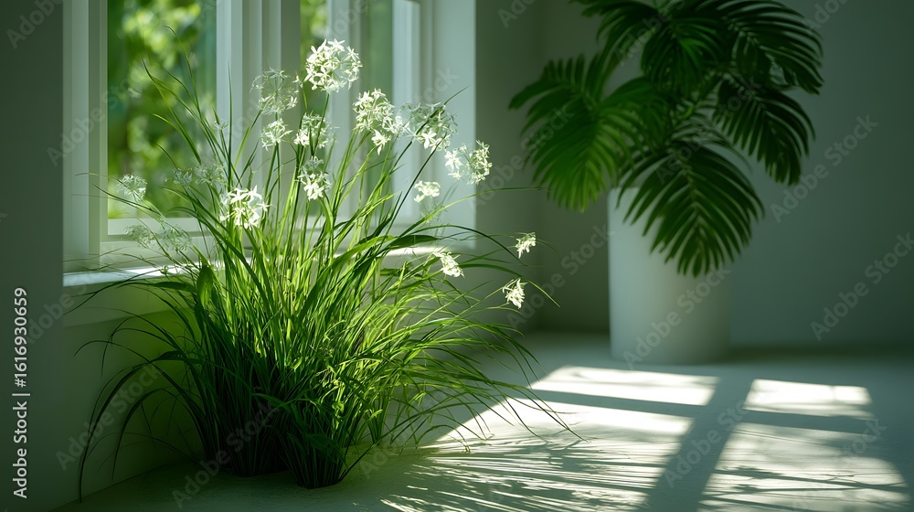 Poster sunlight streams into a room filled with greenery.