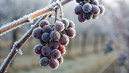 Grapes clustered on vine, covered in hoarfrost with grape juice frozen and clinging like resin drops