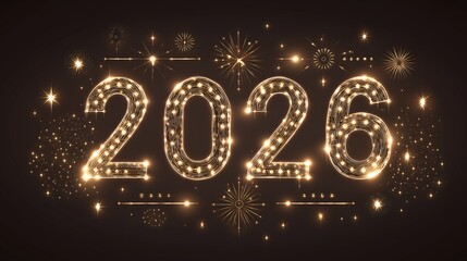 Golden sparkling 2026 numbers on black background with shining fireworks and luxury festive light effects