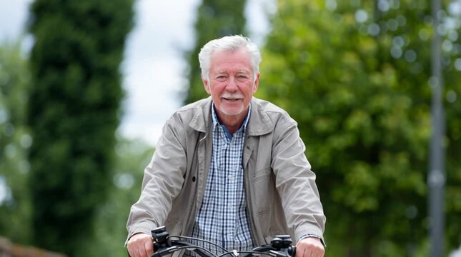 Retired older man is riding a bike outdoors - grandpa on his bicycle getting cardio workout in with fresh air 