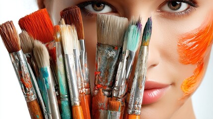Woman's face obscured by paintbrushes, orange paint smear on cheek