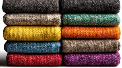 Colorful Cloth Textile Stack: A high-angle shot of carefully stacked fabrics exhibits a spectrum of vibrant hues and varied textures, showcasing the beauty and diversity of the textile industry.