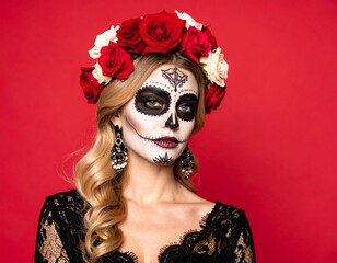 Woman with Day of the Dead Makeup and Rose Crown

