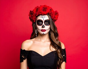 Woman with Day of the Dead Makeup and Rose Crown

