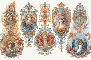 Obraz premium A luxurious watercolor illustration in the Baroque and Rococo style depicting female portraits in exquisite decorative frames adorned with flowers, curls, pearls and ornaments. 