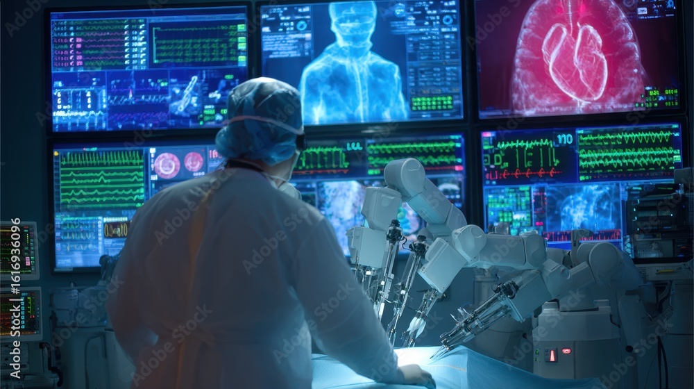 Poster hightech operating room scene showing a focused surgeon adjusting robotic instruments under sterile 