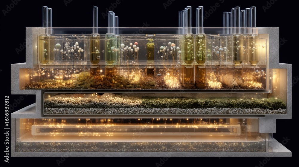 Poster cross section of a futuristic bioreactor pod reveals carefully stacked layers of bioreactors, each p