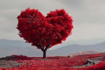 Heart shape tree with red leaves on red flower field. Love