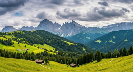 Panoramic View of Majestic Alpine Peaks Overlooking Lush Green Valleys and Pine Forests Under a Dramatic Cloudy Sky