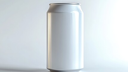 A pristine white aluminum can stands against a softly lit white background