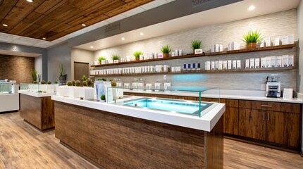 A clean modern medical marijuana and adult-use recreational cannabis dispensary - counter display and shelving with cannabinoid products and terpenes