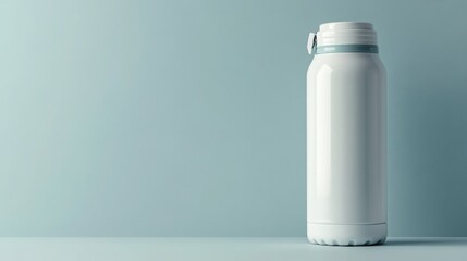 A white water bottle with a blue accent sits on a pale blue surface
