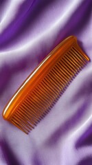 A translucent orange comb lies on a creased purple fabric