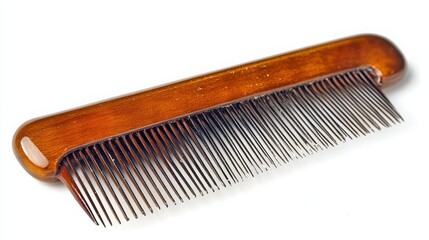 A wooden comb with thin metal teeth lies on a white background