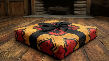 Gift on wooden floor in front of fireplace