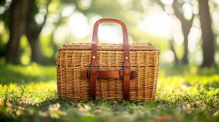 Wicker picnic basket with leather straps on grass in a park