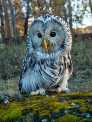 A beautiful owl, the Ural Owl, sits on a tree in the forest.