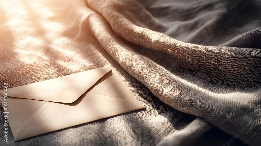 Poster light filters onto a simple envelope resting on a draped fabric.