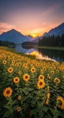 Vibrant Sunflower Field Bathed in Golden Sunset Light with Majestic Mountains and Serene Lake