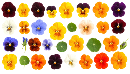 Vibrant pansies and leaves isolated on a transparent background.