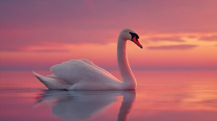 Fototapeta premium Graceful swan glides on tranquil water during vibrant sunset.