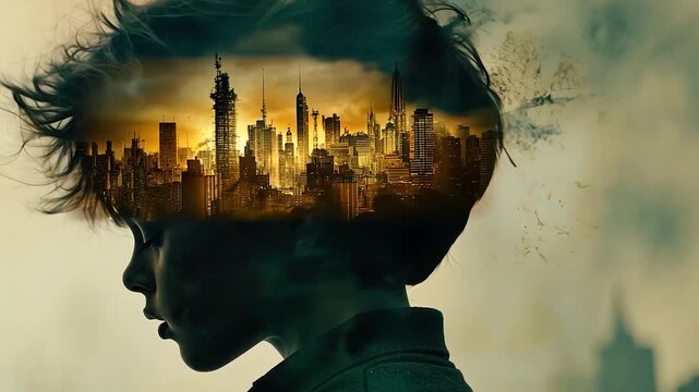 A child's silhouette, a city skyline superimposed onto their head, suggesting dreams or the weight of urban life