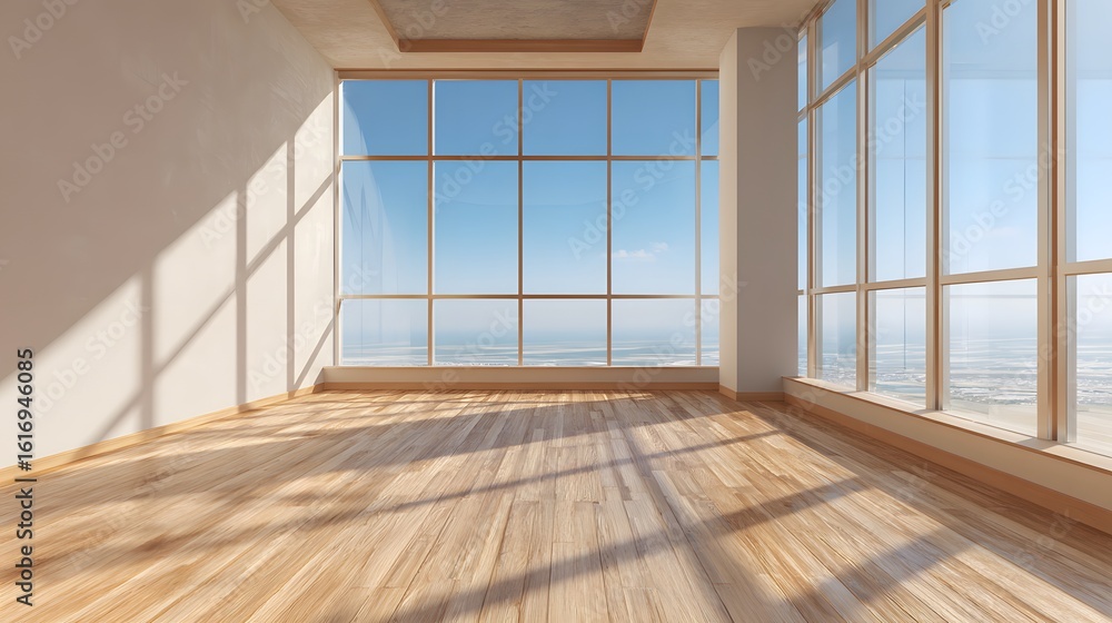 Poster empty room with large windows overlooking the ocean.