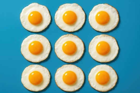 Playful breakfast pattern with sunny-side up eggs arranged on bright azure background for food and culinary branding