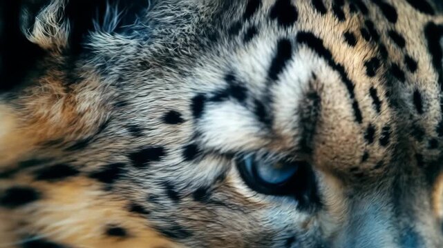 Close up of a snow leopard with bright blue eyes staring intently