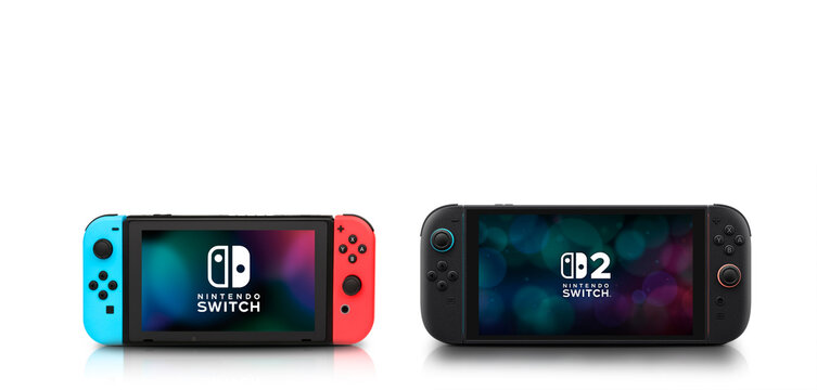 Nintendo Switch 1 and Switch 2 comparision on white background, 29 Jun 2025, Sao Paulo, Brazil.