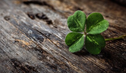 Naklejka premium Close-up four-leaf clover on weathered wood